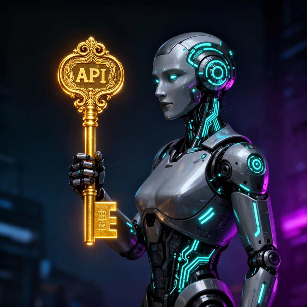 Futuristic AI robot guarding a golden API key